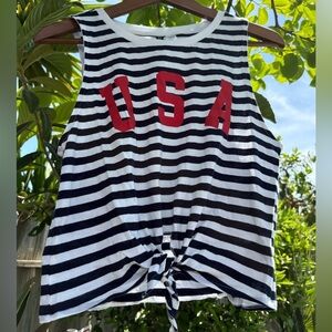 Divided Striped Navy and White Tie Front Tank Top with Red USA Print